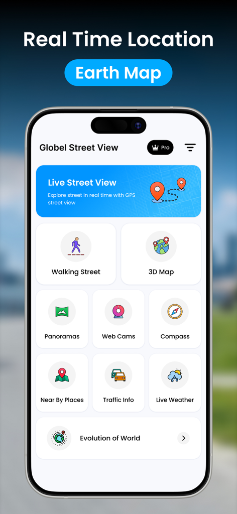 EarthX: 3D Map & Nearby Places - Painel principal do aplicativo EarthX em um iPhone mostrando recursos de navegação como Visualização de Rua em Mapa 3D e Clima Ao Vivo