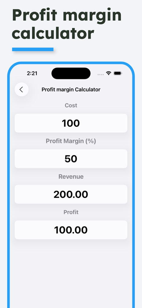 Interface of a profit margin calculator app showing cost, margin percentage, revenue, and profit fields.