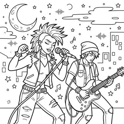 Immerse yourself in the electrifying energy of a live rock concert with this dynamic coloring page. Featuring punk musicians performing under a mesmerizing night sky, it's an exciting scene ready for your artistic touch.