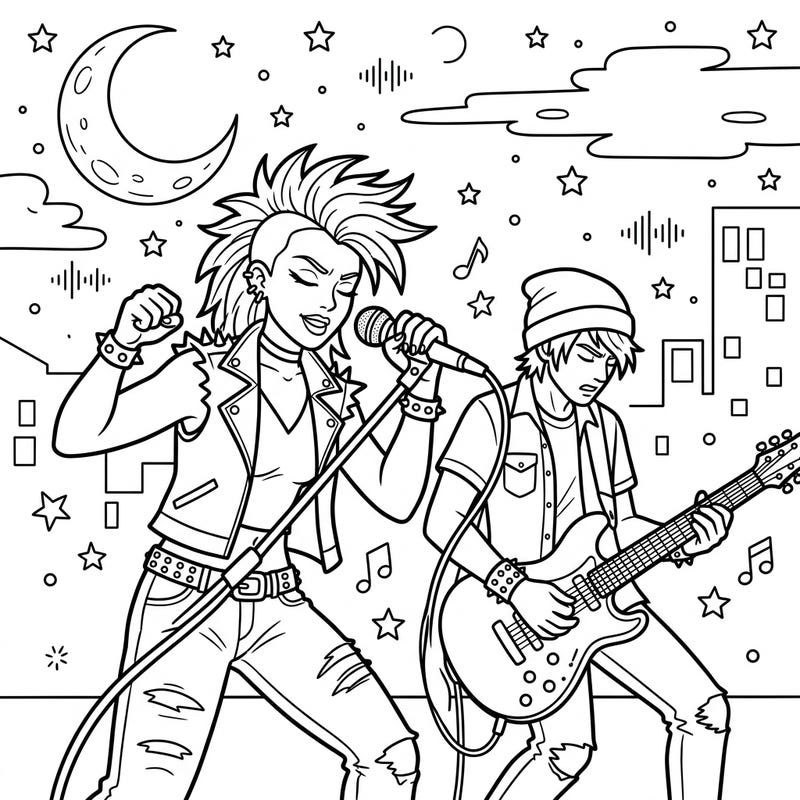 Immerse yourself in the electrifying energy of a live rock concert with this dynamic coloring page. Featuring punk musicians performing under a mesmerizing night sky, it's an exciting scene ready for your artistic touch.