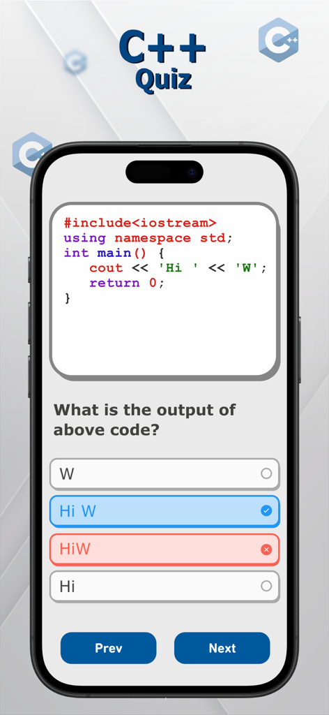C, C++, C# Quiz - C plus plus programming quiz screen showing a code snippet and multiple choice options for code output