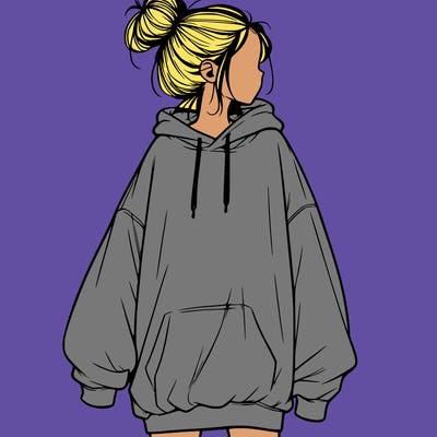realistic girl with a oversized sweatshirt on and a bun