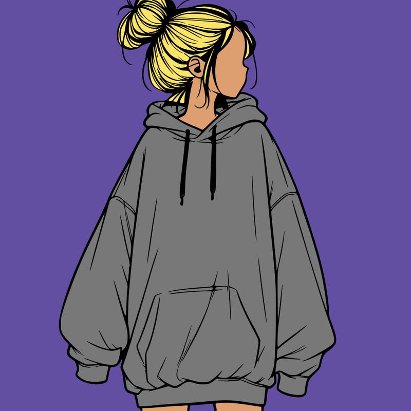 realistic girl with a oversized sweatshirt on and a bun