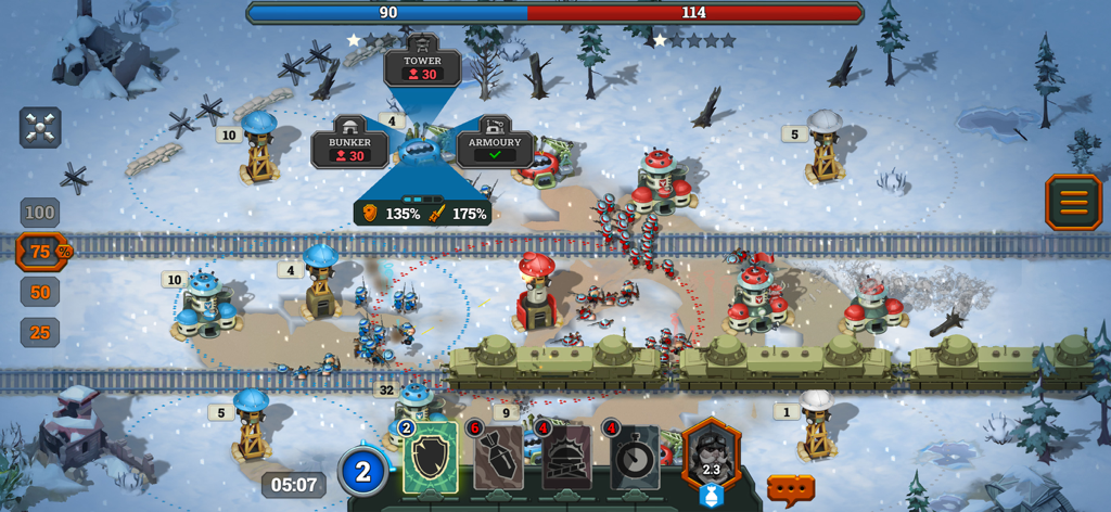 Bunker Wars: WW1 RTS - Batalha tática de Bunker Wars WW1 RTS em um campo de batalha de inverno com bunkers e unidades.