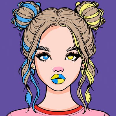 realistic girl with two buns in hair and lips
