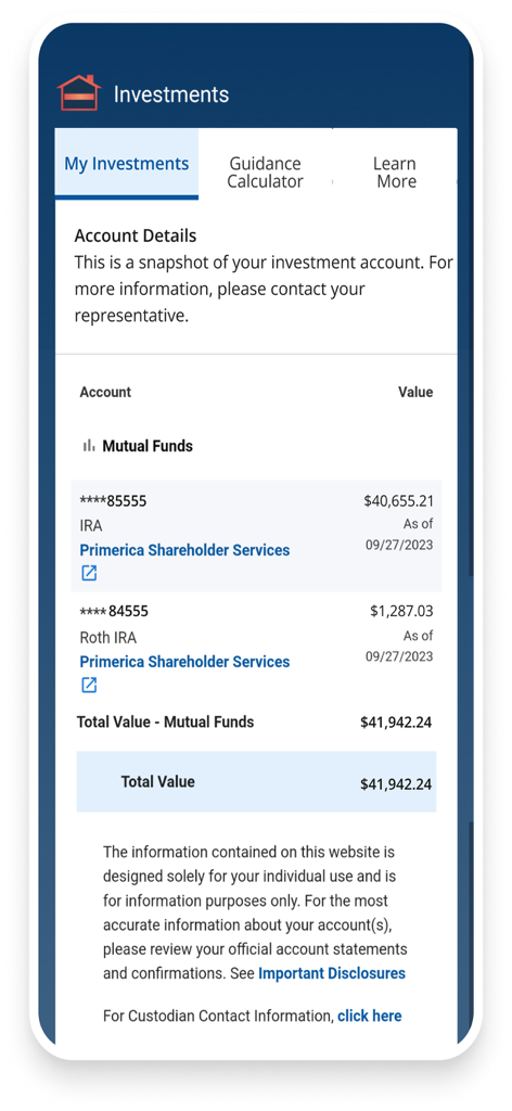 MyPrimerica - A mobile screen from the MyPrimerica app showing a snapshot of mutual fund investment account values including IRA and Roth IRA balances.