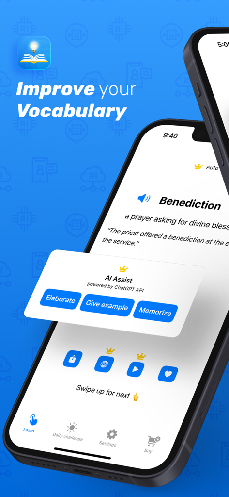 Vocabulary AI - Vocab Builder - Interfaccia dell'app Vocabulary AI che mostra la definizione di una parola e le funzionalità dell'assistente IA.