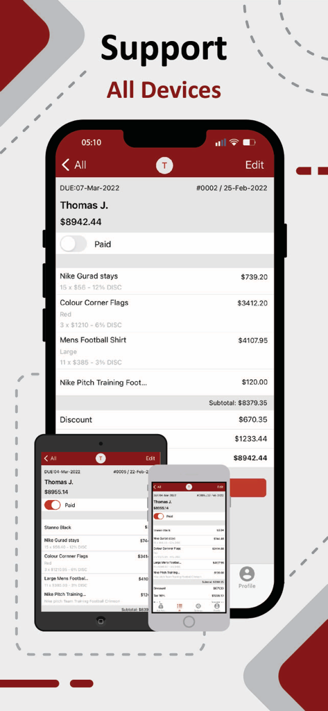 Invoice Maker : Easy & Speedy - Invoice Maker app interface displayed on multiple smartphones and tablets showing real time synchronization