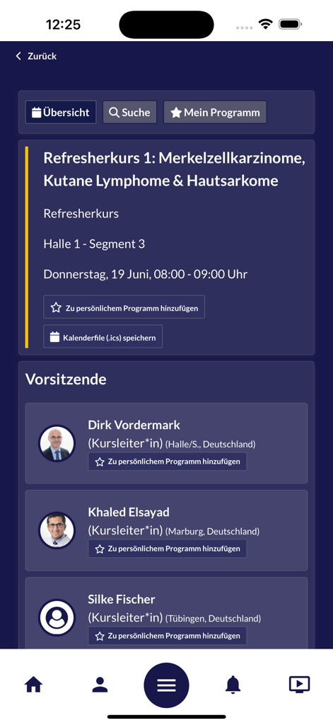 DEGRO 2025 app displaying medical session information and chairpersons