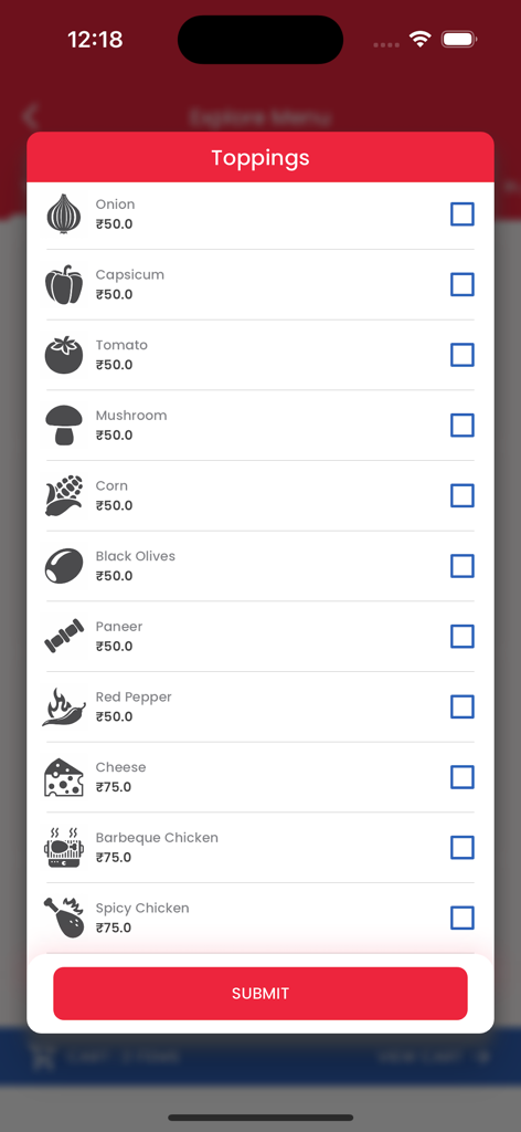 Rominus Pizza - Toppings selection screen in the Rominus Pizza mobile app showing a list of pizza toppings and prices