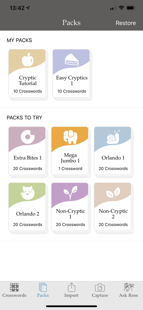 Crossword Genius - Screen of Crossword Genius app showing various cryptic and non-cryptic puzzle packs for users to solve.