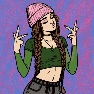 realistic teenage girl with braids and a beanie and crop top doing 🫶🏼