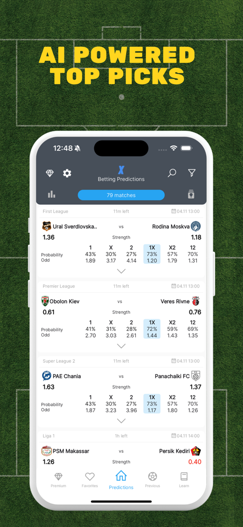 WIN Soccer Betting Tips - さまざまな試合のオッズと確率パーセンテージを含む、AI搭載のサッカーベッティング予測を表示するスマートフォン画面。