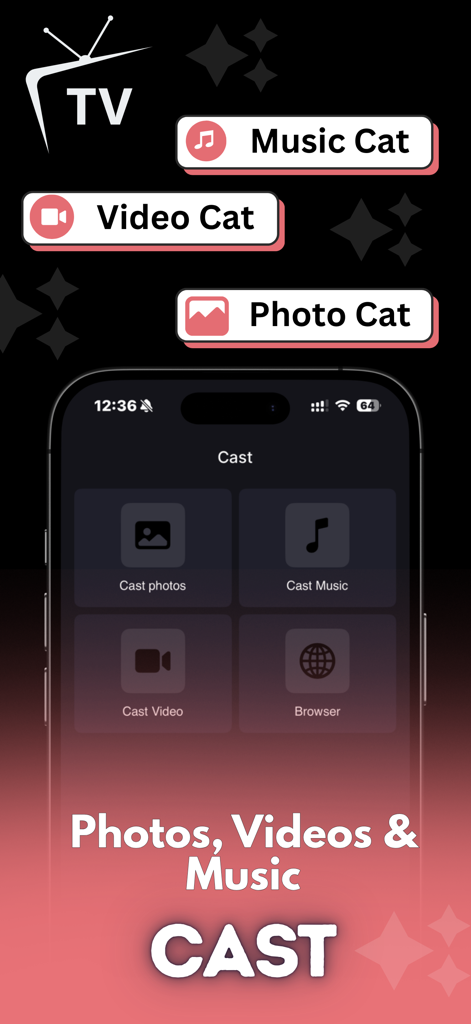 Smart TV Remote: Universal - Interfaz de la app Universal Smart TV Remote mostrando opciones para transmitir fotos, videos y música desde un iPhone a un TV