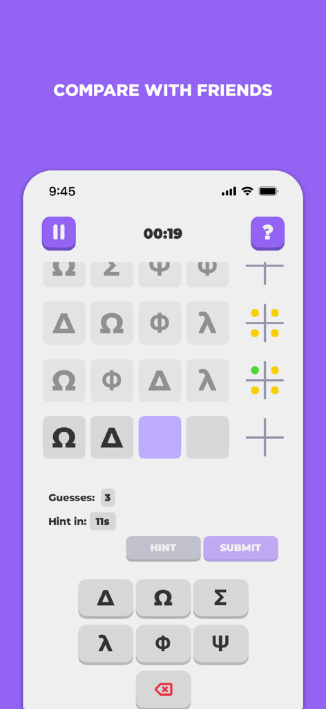 Decryptit logic puzzle game screen in the Puzzlit app featuring Greek symbols and a social comparison banner.