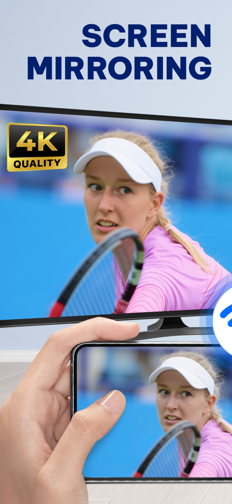 Smart Cast: Mirror To PC & TV - A smartphone mirroring a high quality 4K tennis video onto a large TV screen
