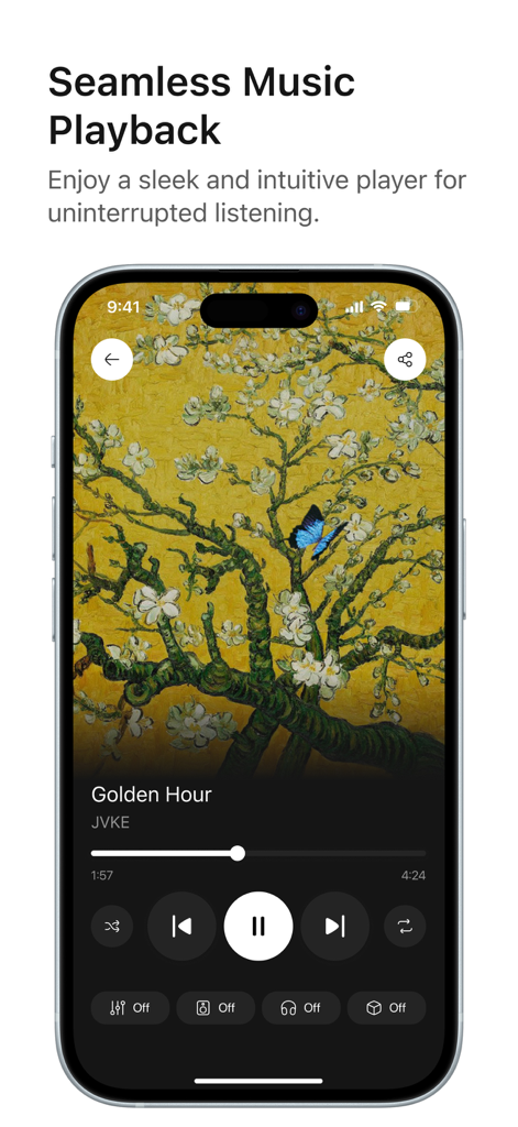 Equalizer: Music Bass Booster. - Eine elegante Musikplayer-Oberfläche, die Songdetails und Audioanpassungssteuerungen auf einem iPhone-Bildschirm anzeigt.