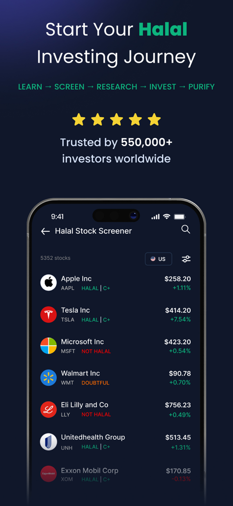 Musaffa: Halal Investing - Interface mobile de l'application Musaffa montrant l'analyse d'actions halal et le statut de conformité à la Charia pour les entreprises américaines