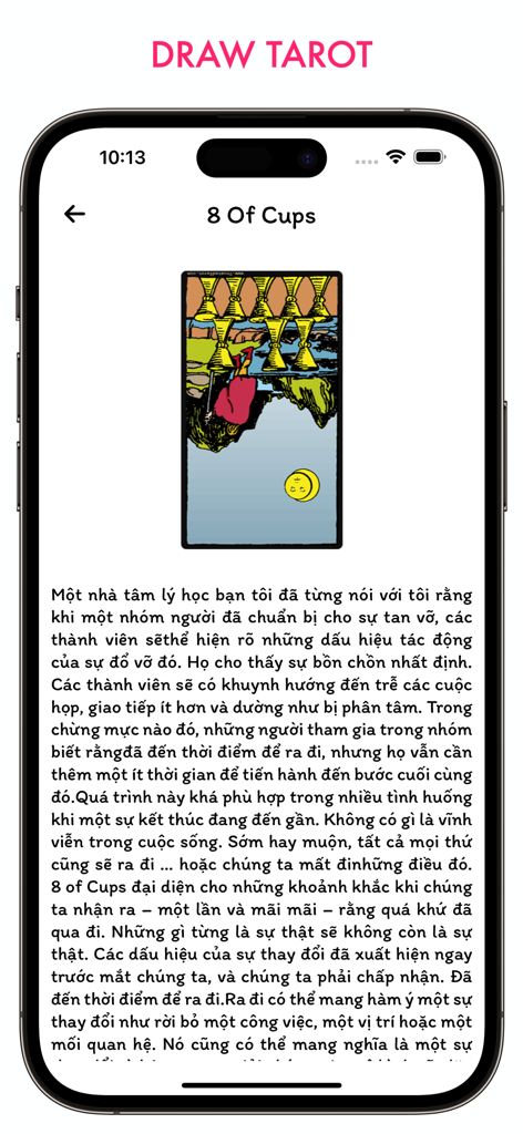 Day Together - Love Days Count - Función de lectura de tarot en la app de seguimiento de relaciones Day Together mostrando el 8 de Copas.