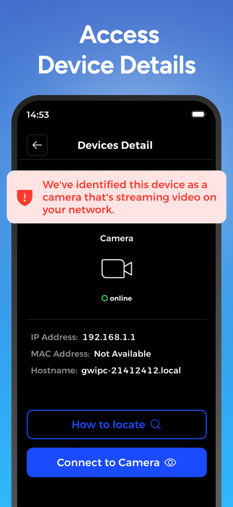 Hidden Camera Detector - Peek - Mobile app interface displaying network details and a warning alert for an identified hidden camera.