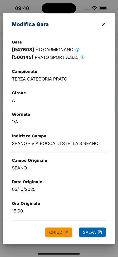 LND Portale Servizi - Match edit screen in the LND Portale Servizi mobile application