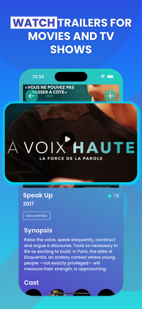 Crackle : Movies and Tv Shows - Interfaz de la aplicación móvil que muestra tráileres de películas e información detallada como sinopsis y valoraciones.