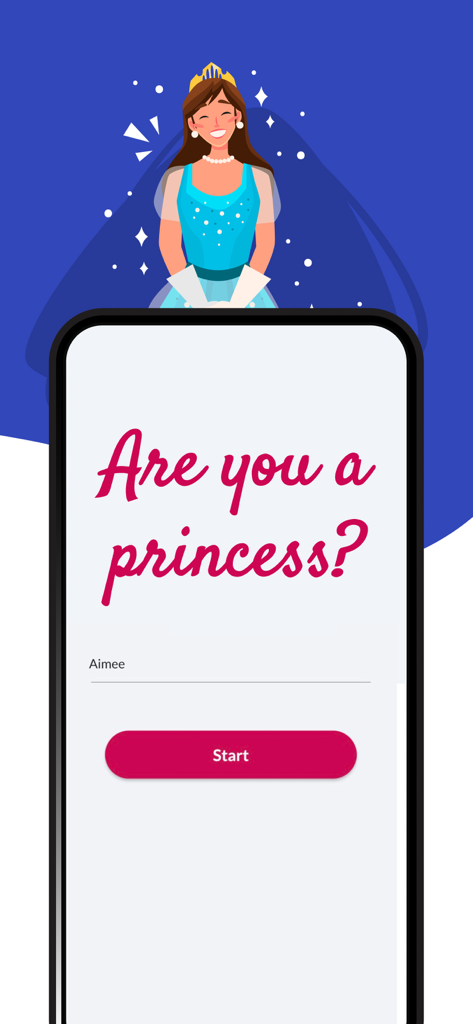 BFF Test: Best Friend Quiz - Interfaz de la app BFF Test mostrando un cuestionario de personalidad titulado ¿Eres una princesa con una entrada de nombre para Aimee y una ilustración de princesa de dibujos animados.