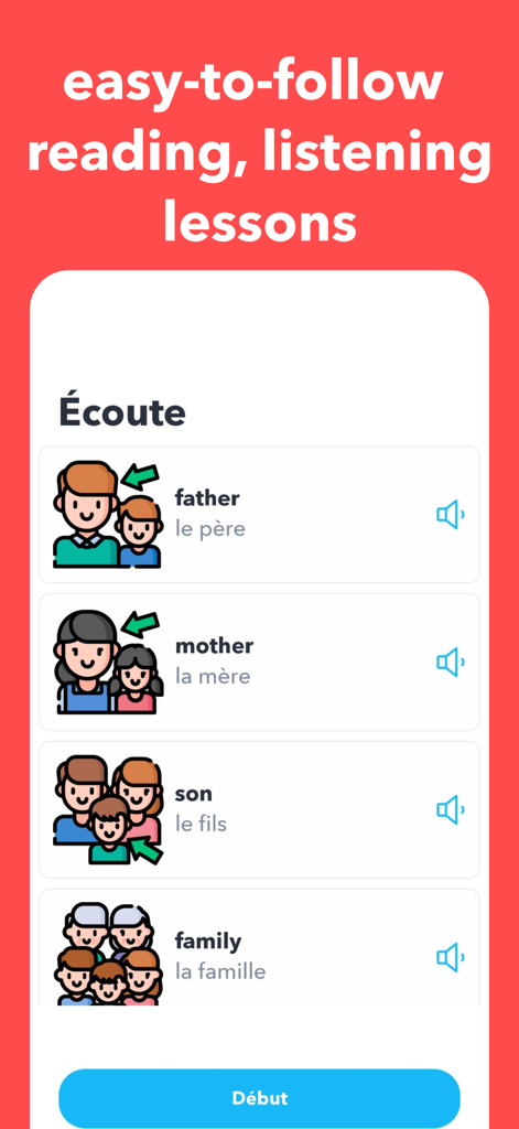 Écran d'application d'apprentissage de la langue anglaise présentant le vocabulaire des membres de la famille avec des illustrations et des icônes audio