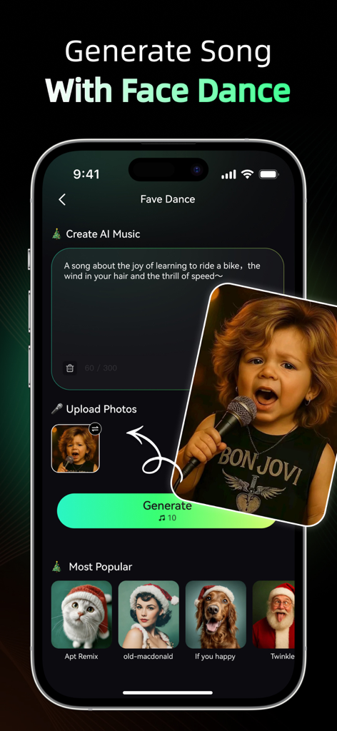 Oyamuse - AI Music Creator - The Oyamuse app interface displaying the Face Dance feature for creating AI music from a photo.