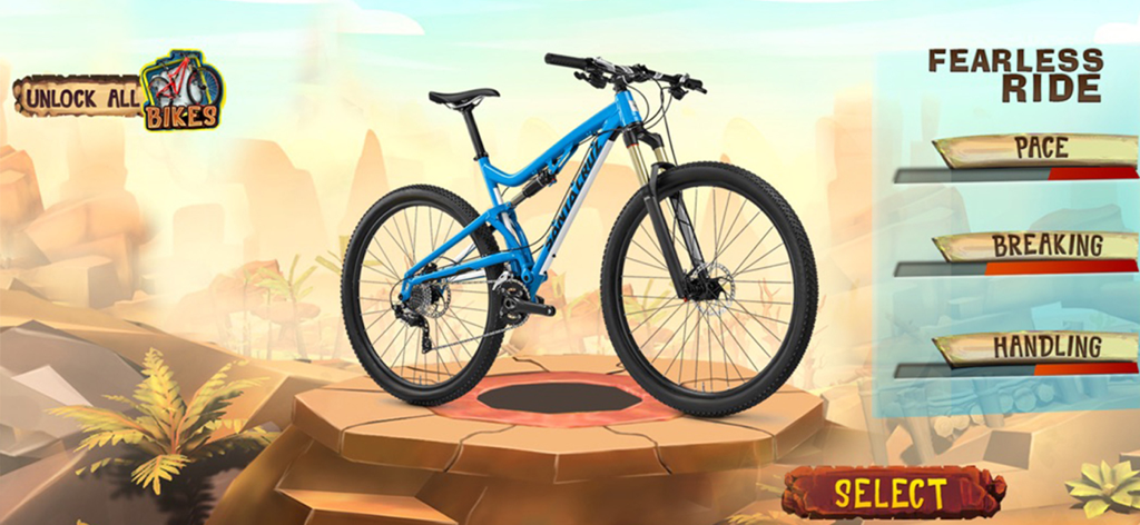 Dirt Bike Hill Racing Game - Una pantalla de selección de bicicletas de montaña azules que muestra estadísticas de velocidad y manejo en un entorno desértico.