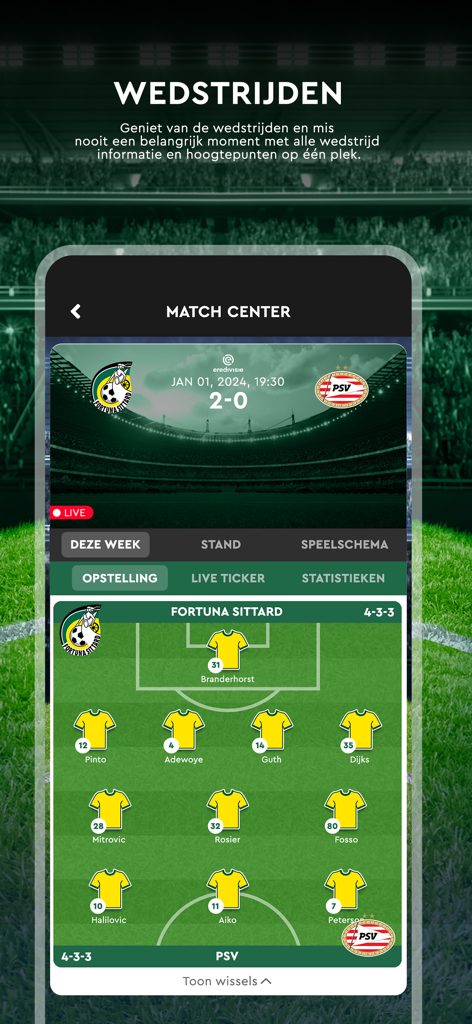 Fortuna Sittard - Pantalla del Centro de Partidos de la aplicación Fortuna Sittard mostrando la formación del equipo 4-3-3 y un marcador en vivo.