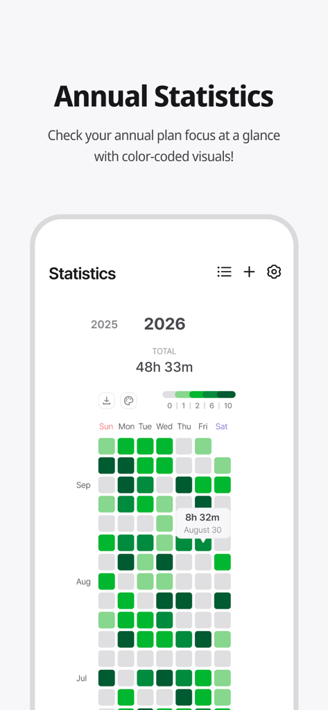 Color-coded annual focus statistics heatmap in Dote Timer app