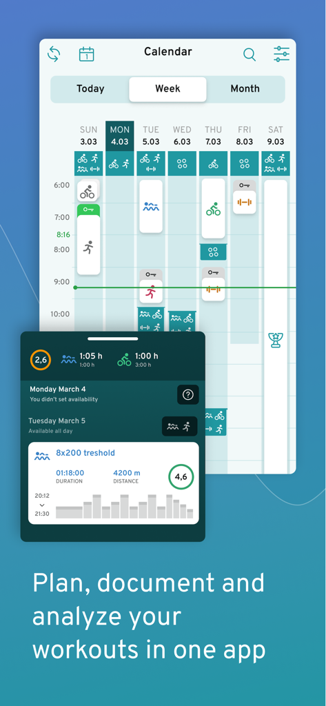 MATS - Training Platform - Vista de calendario de la aplicación MATS que muestra la planificación semanal de entrenamientos y el análisis detallado del rendimiento para atletas de resistencia