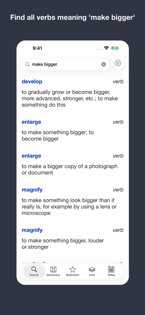 English Meaning Dictionary - English Meaning Dictionary app search results showing verbs like develop enlarge and magnify for the phrase make bigger