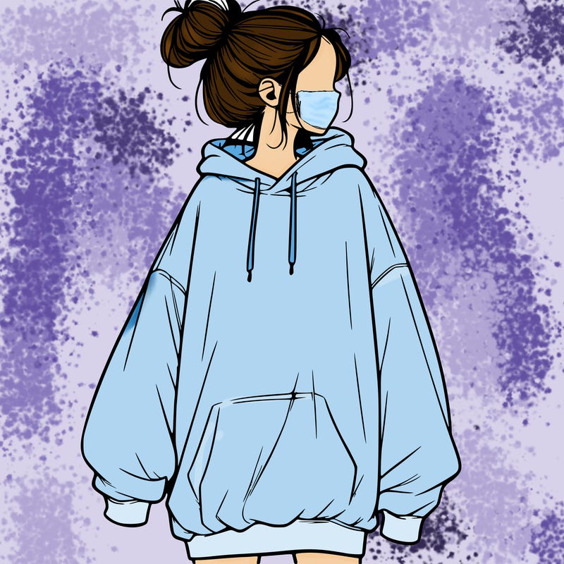 realistic girl with a oversized sweatshirt on and a bun