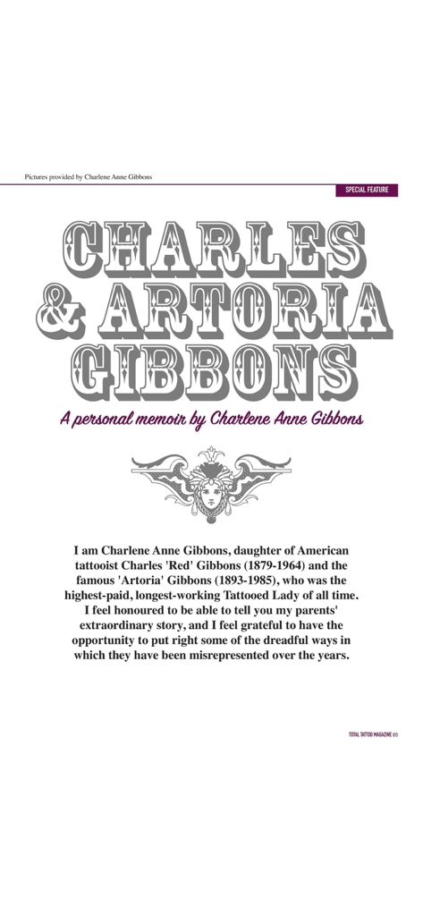 A feature article in Total Tattoo Magazine titled Charles and Artoria Gibbons a personal memoir
