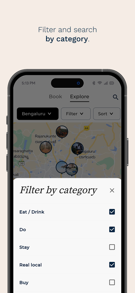 Urbanaut: Local Experiences - Urbanaut app screen showing filter by category options over a city map