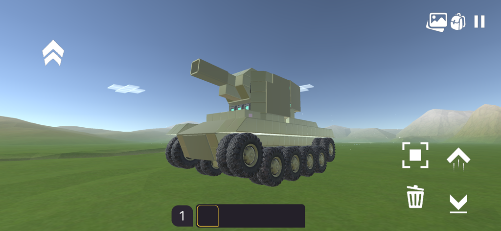 A complex military tank vehicle built using mechanical blocks in Evertech Sandbox