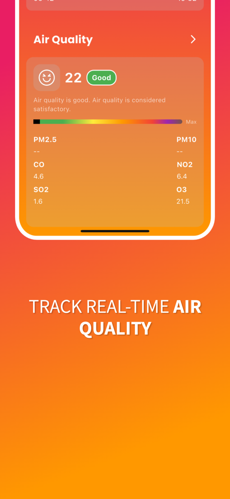 Local Weather Today: Real-Time - リアルタイムの大気質データと指数を示す天気アプリのインターフェース。