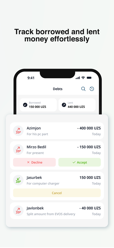 Mobile screen showing the peer-to-peer loan management feature of Karmon AI with a list of borrowed and lent money transactions