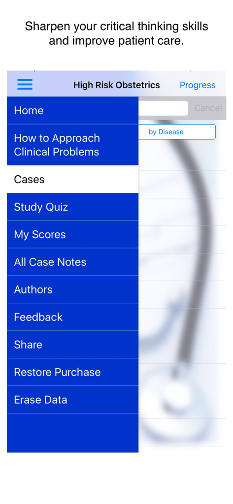 Main navigation menu of the High Risk Obstetrics Cases medical education app