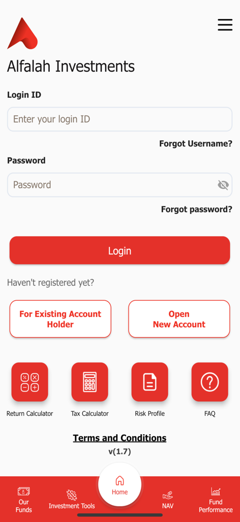 Alfalah Invest - アルファラ投資アプリのログイン画面。ユーザー名とパスワードフィールド、および投資計算ツールを備えています