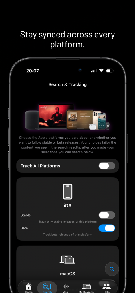Mevolit - Device Updates - Mevolit app interface showing search and tracking settings for iOS and macOS software updates.