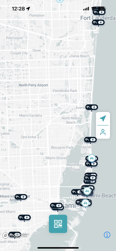 Zybra Plus - Zybra Plus app screen displaying a map with available bicycle locations in Miami and Fort Lauderdale