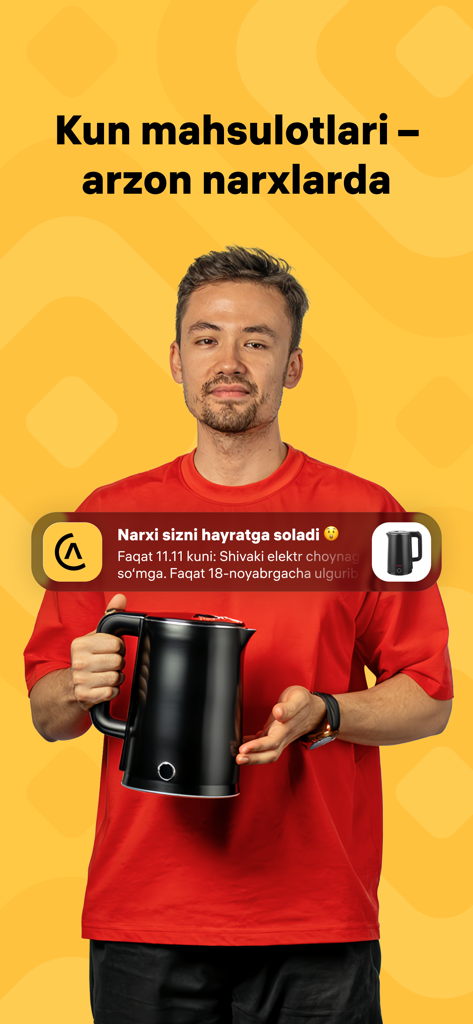 Alif Shop: Маркетплейс техники - Ein Werbebildschirm aus der Alif Shop App mit täglichen Angeboten für Elektronik und Haushaltsgeräte wie einen Wasserkocher.