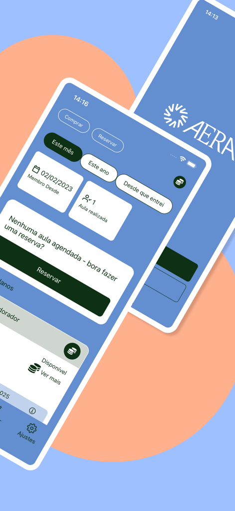 Aera Pilates - Aera Pilates mobile app interface displaying the member dashboard and class booking options.