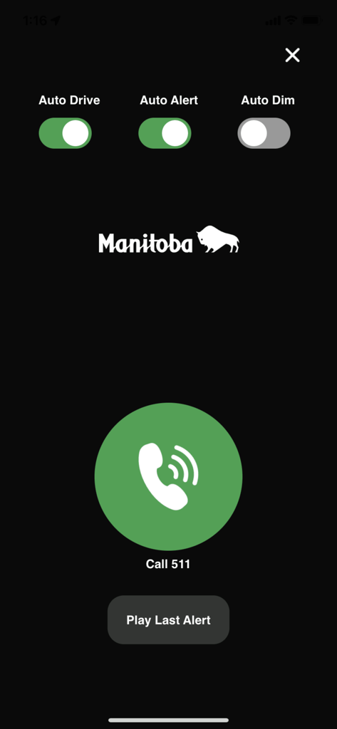 Screenshot of 511 Manitoba app showing auto alert settings and a large green button to call 511