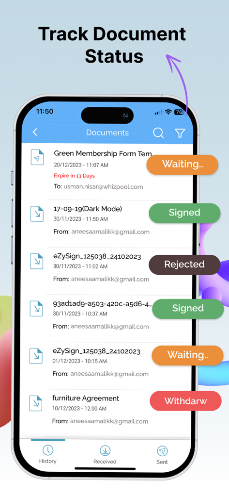 Mobile app interface showing a list of documents with real-time status labels like signed waiting and rejected.