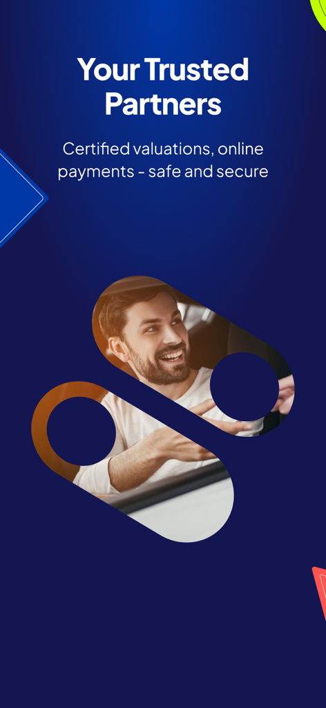 CarSwitch | Used Cars in KSA - CarSwitch app screen featuring a smiling man in a car with text highlighting trusted partners and secure payments