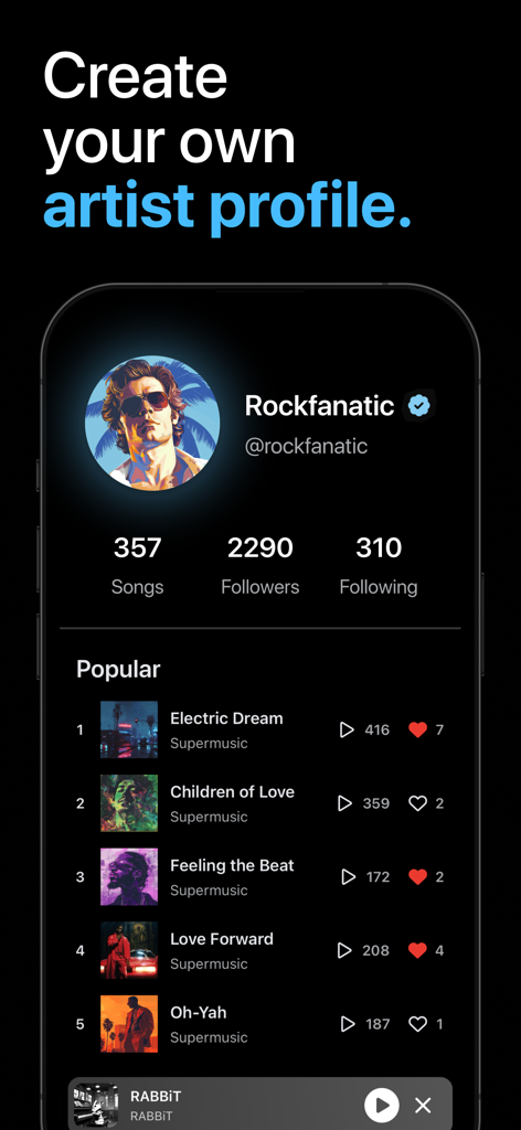 楽曲の統計情報と人気のAI生成トラックのリストを表示するアーティストプロフィールを示すモバイルアプリの画面